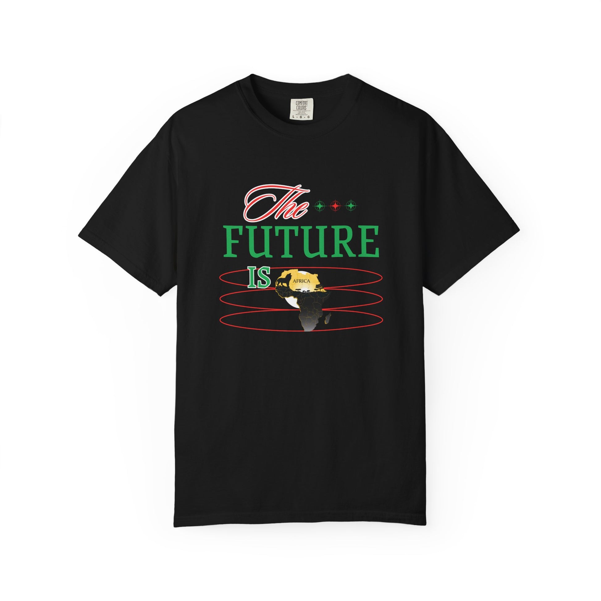 Black Mashafrica T shirt with The Future Is design featuring yellow and black africa map and red and green accents