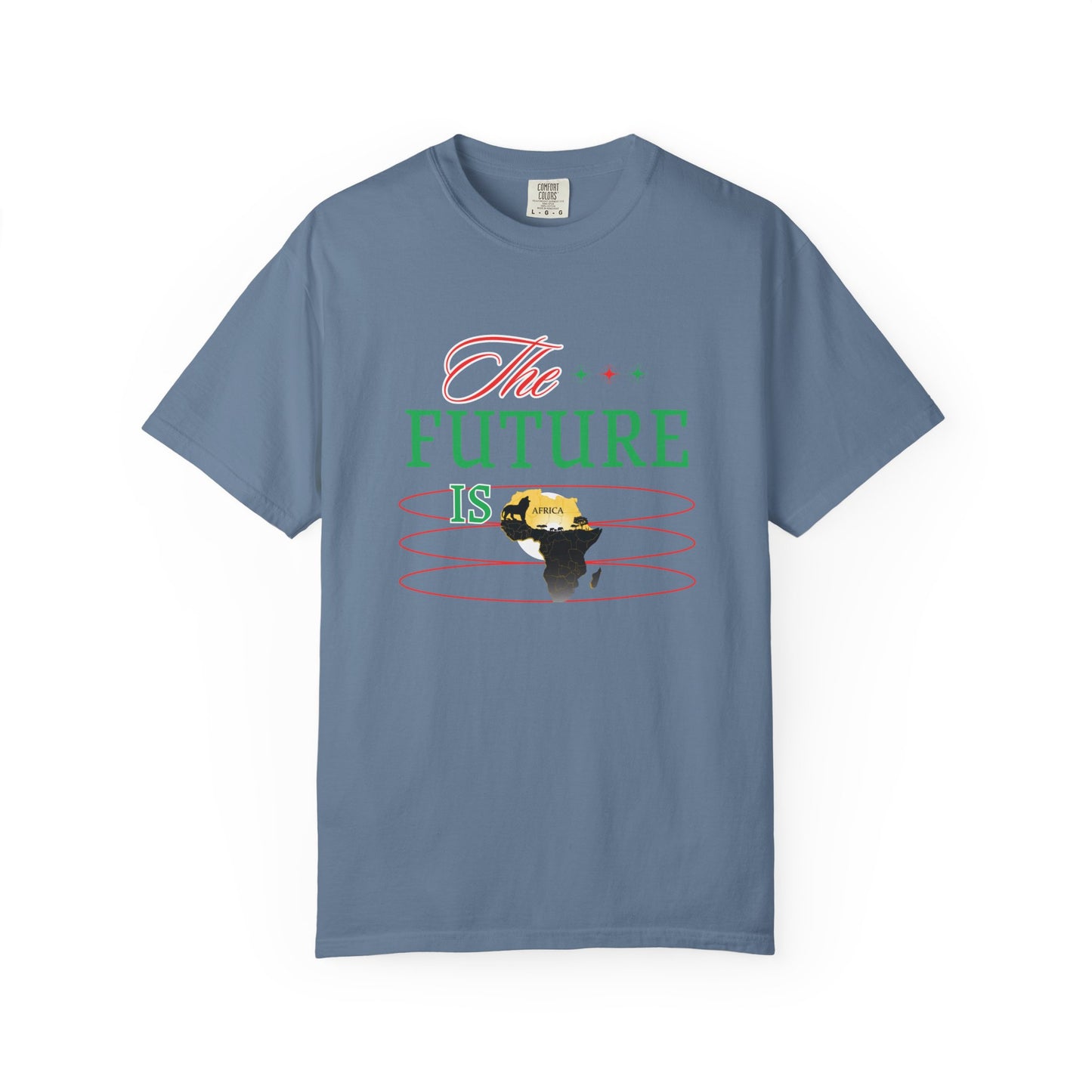 Mashafrica blue graphic t shirt with The Future Is slogan featuring africa map silhouette and retro rings