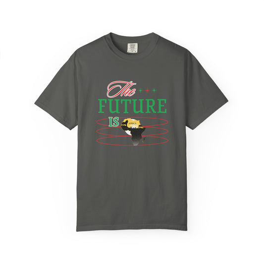 Mashafrica charcoal T shirt with The Future Is graphic featuring a stylized africa map in yellow black green and red rings
