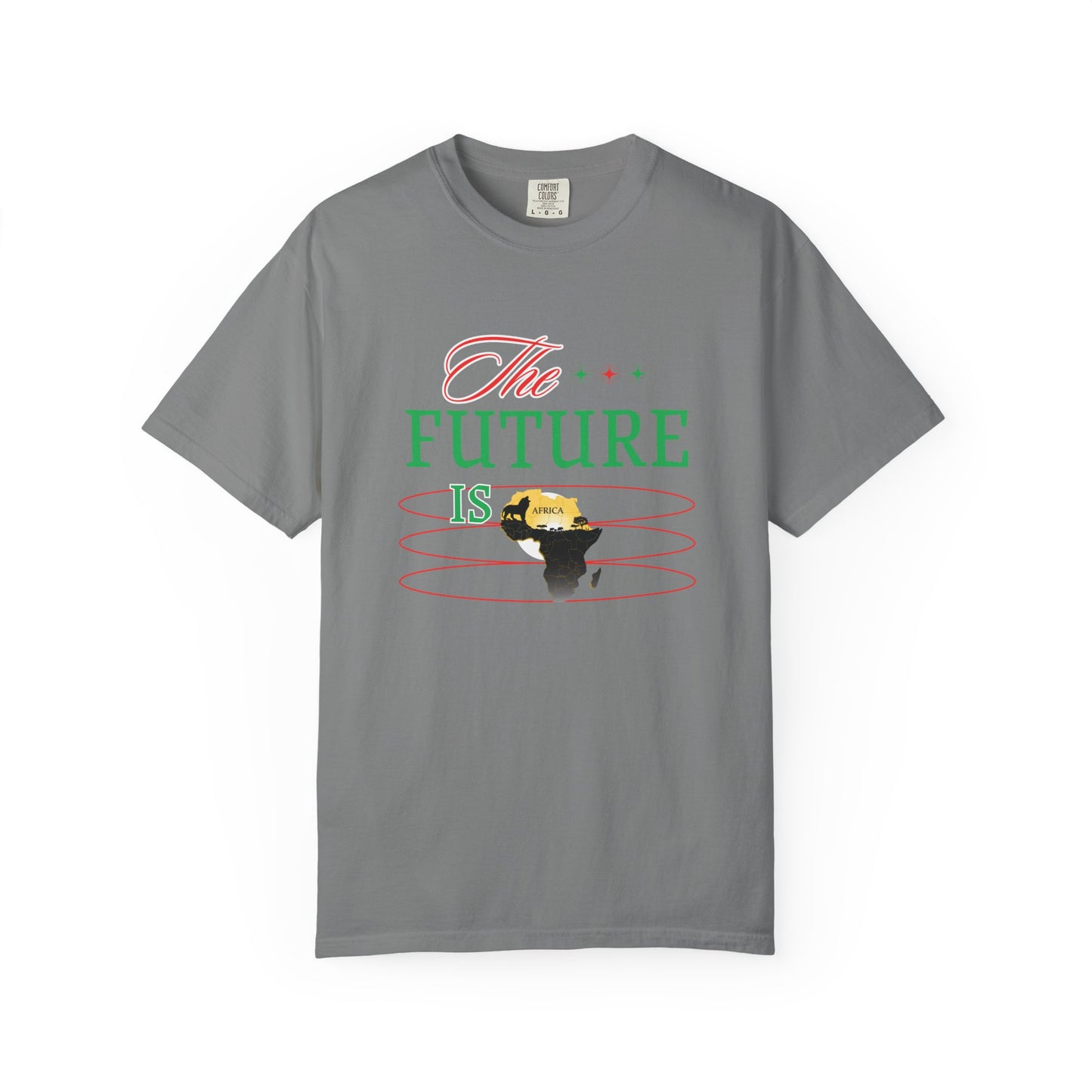 Mashafrica gray T Shirt with green and red The Future Is text and black africa silhouette graphic