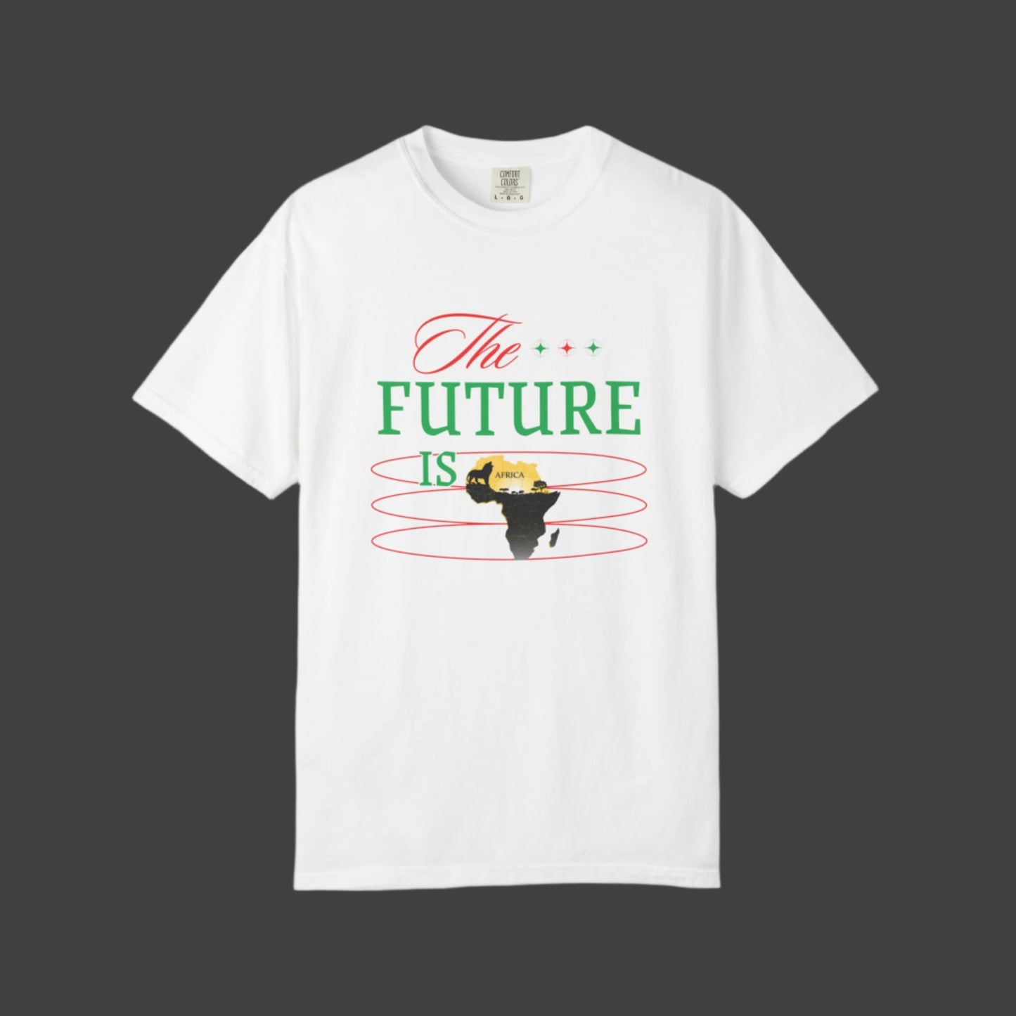 Mashafrica white T shirt with The Future Is graphic featuring a black and gold africa silhouette surrounded by red rings