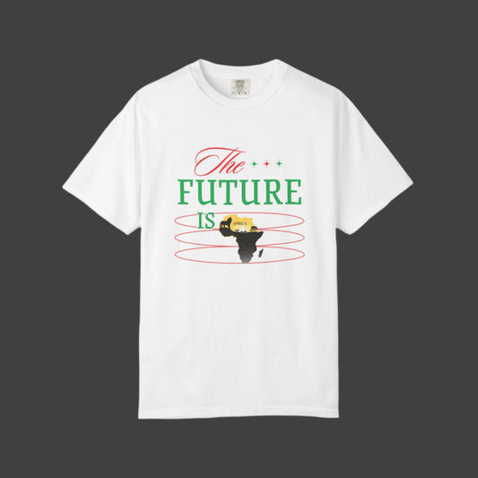 Mashafrica white T shirt with The Future Is graphic featuring a black and gold africa silhouette surrounded by red rings