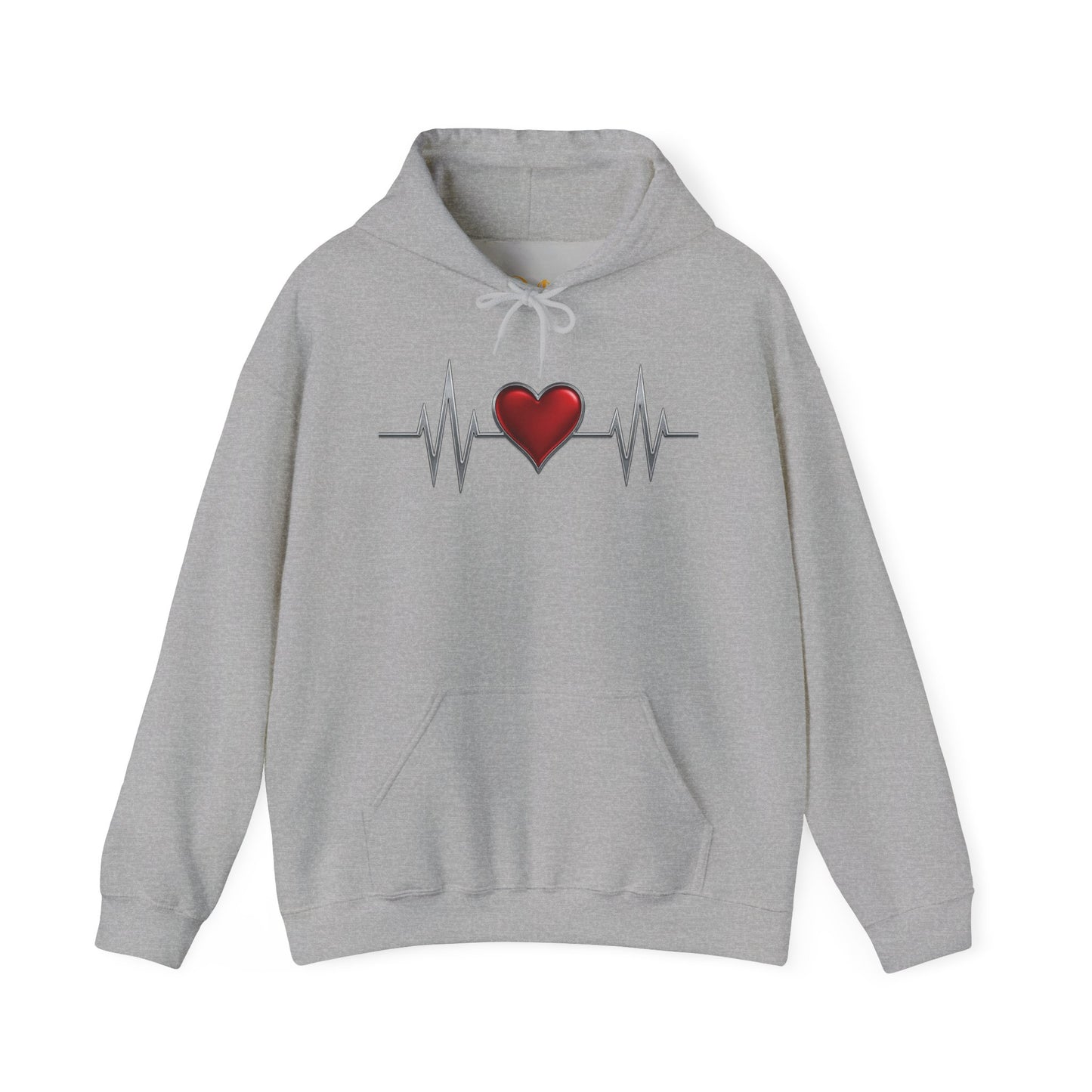 Mashafrica gray pullover hoodie with red heart and heartbeat line graphic symbolizing love