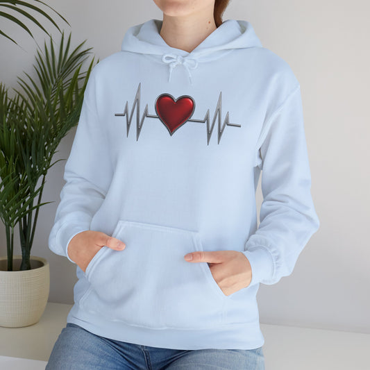 Mashafrica light blue hoodie with red heart and EKG heartbeat graphic centered casual love design