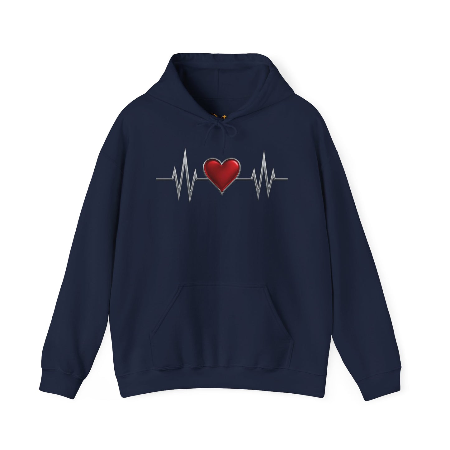 Mashafrica navy hoodie with central red heart and heartbeat line graphic symbolizing love and warmth