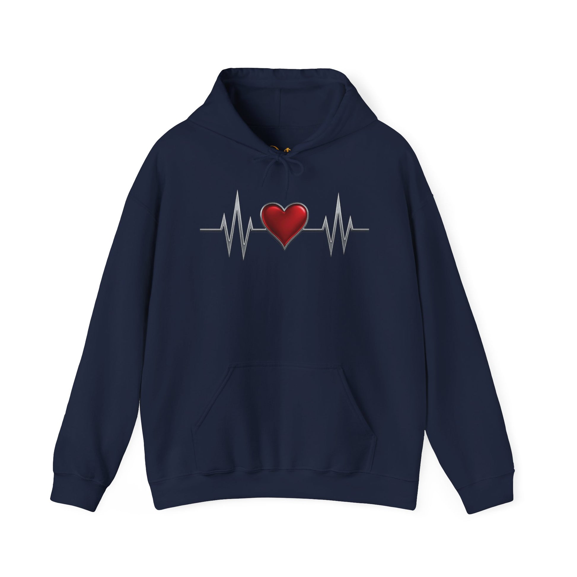 Mashafrica navy hoodie with central red heart and heartbeat line graphic symbolizing love and warmth