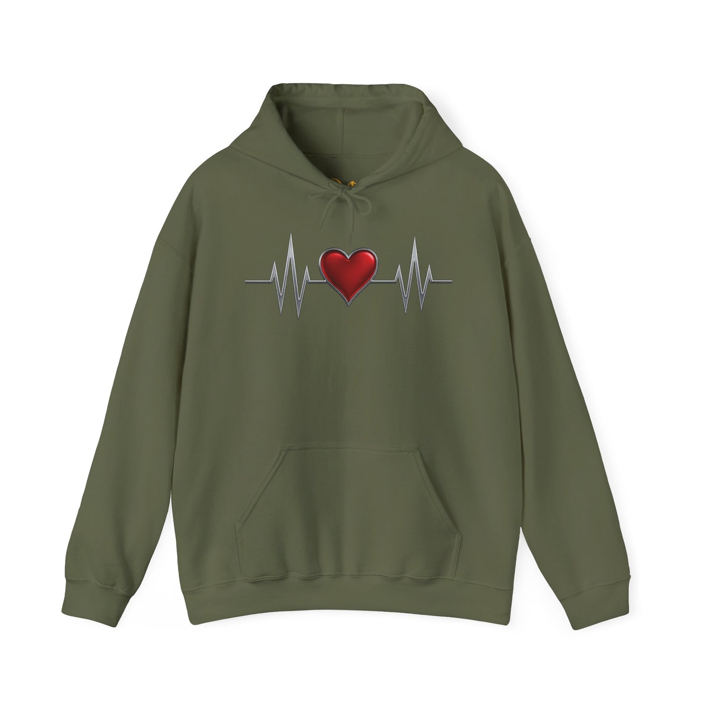 Mashafrica olive green hoodie with red heart and heartbeat graphic centered cozy kangaroo pocket love theme
