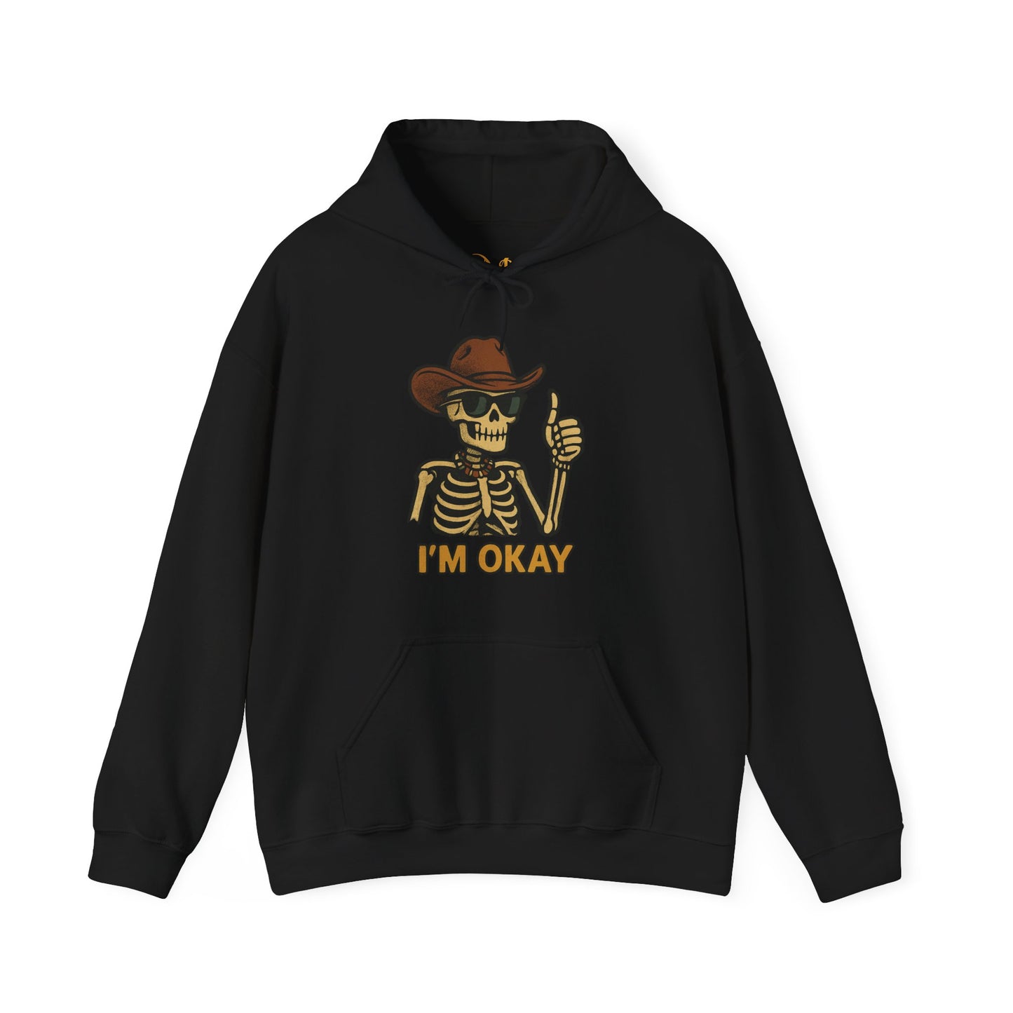 Mashafrica black hoodie with skeleton wearing cowboy hat and sunglasses giving thumbs up with IM OKAY text