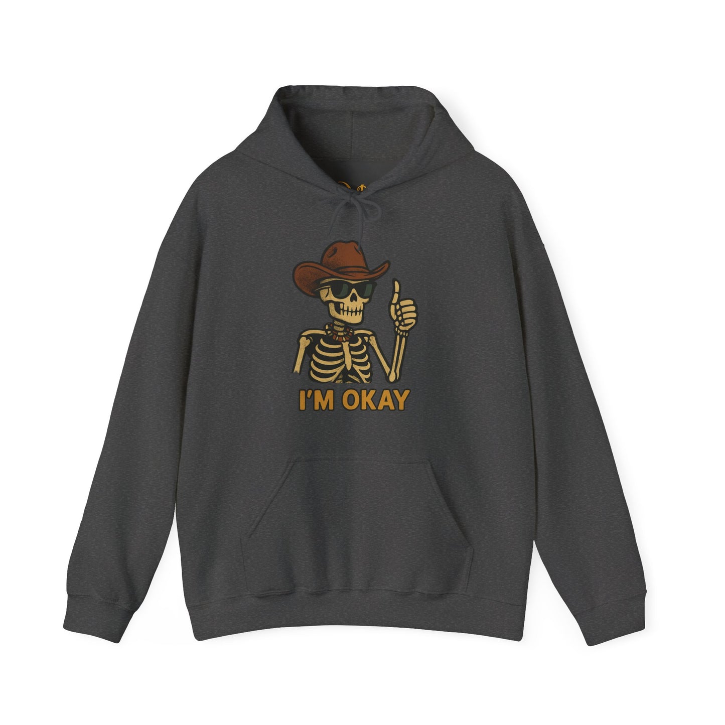 Mashafrica-style black hoodie featuring a skeleton wearing a cowboy hat with thumbs up and text I'm okay