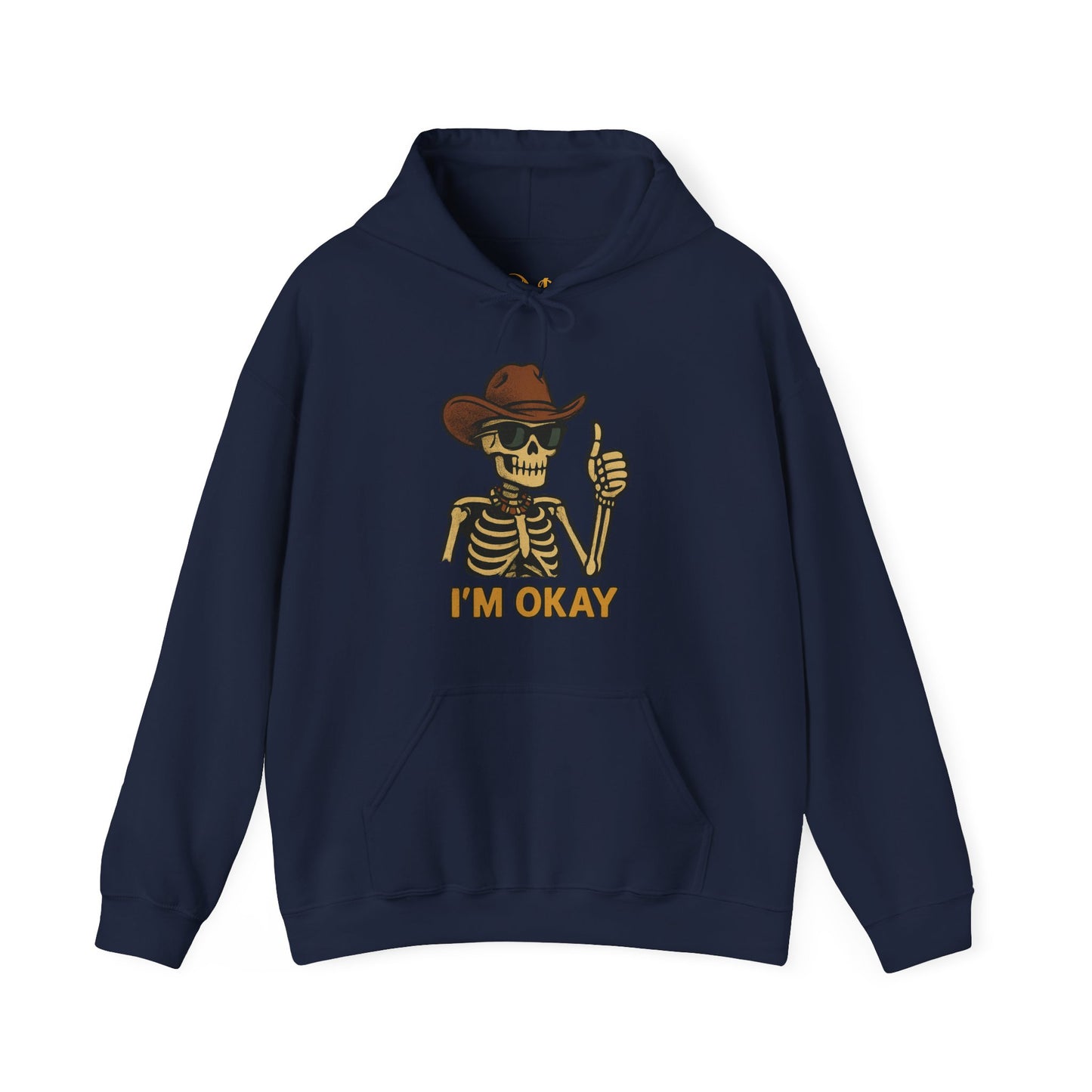 Mashafrica navy hoodie with skeleton in cowboy hat and sunglasses giving thumbs up with IM OKAY text