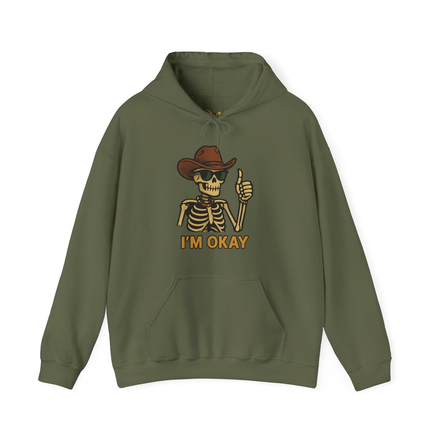 Mashafrica olive green hoodie featuring a skeleton wearing a cowboy hat and sunglasses giving thumbs up IM OKAY