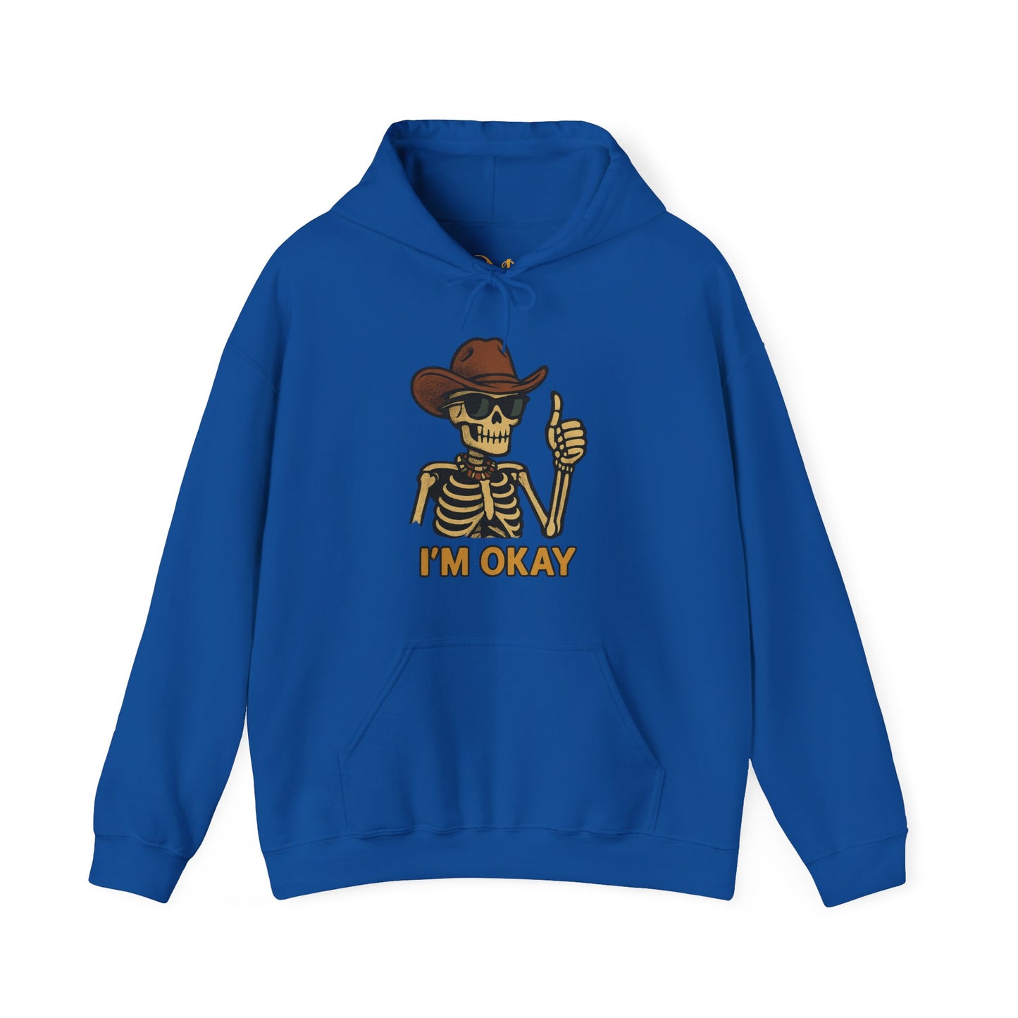 Mashafrica blue hoodie featuring a skeleton cowboy with sunglasses thumbs up and Im Okay text