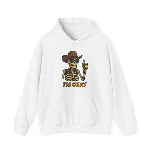 Mashafrica white hoodie with cartoon skeleton wearing cowboy hat and sunglasses giving thumbs up Im okay graphic
