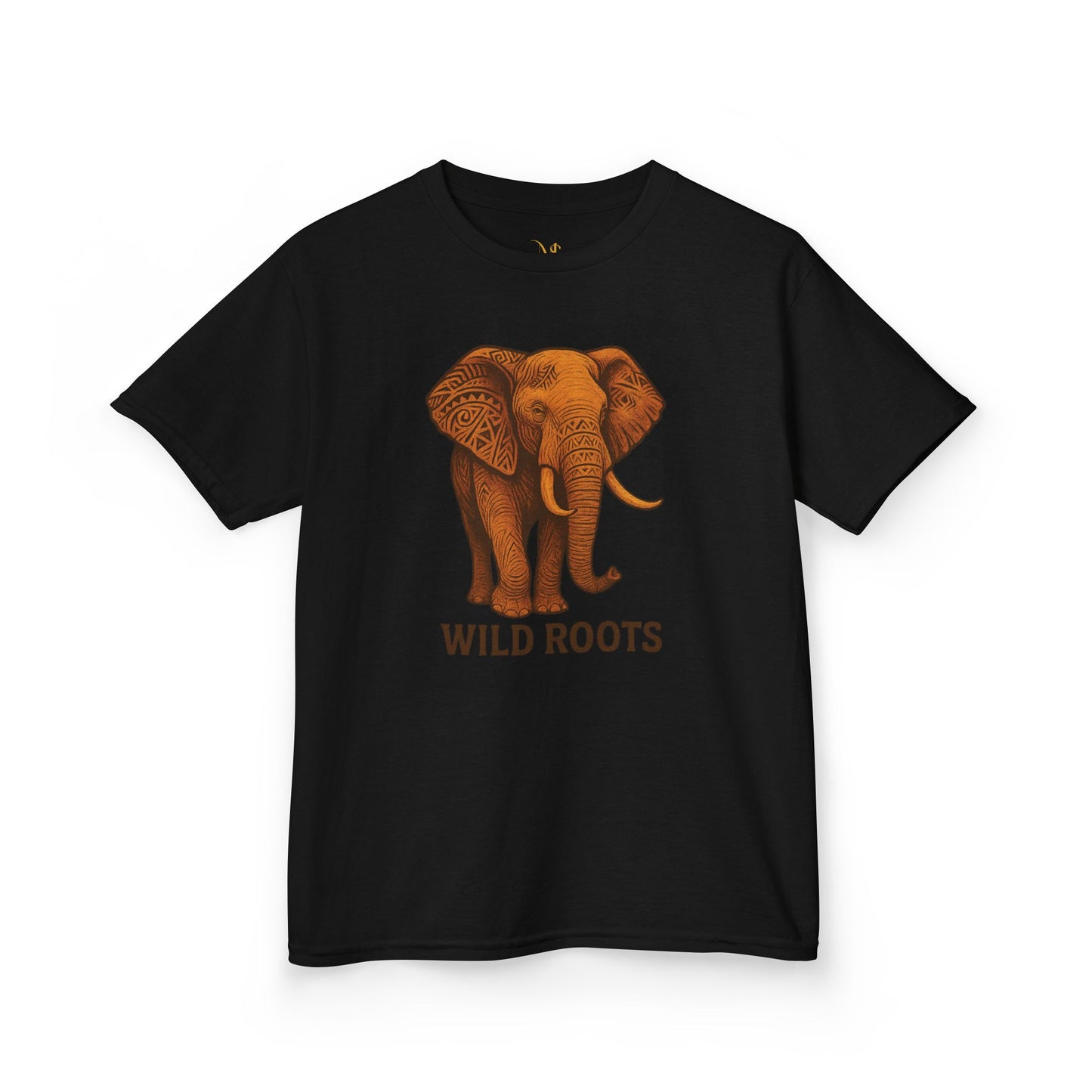Mashafrica kids black t shirt with orange elephant graphic and Wild Roots print soft casual wear