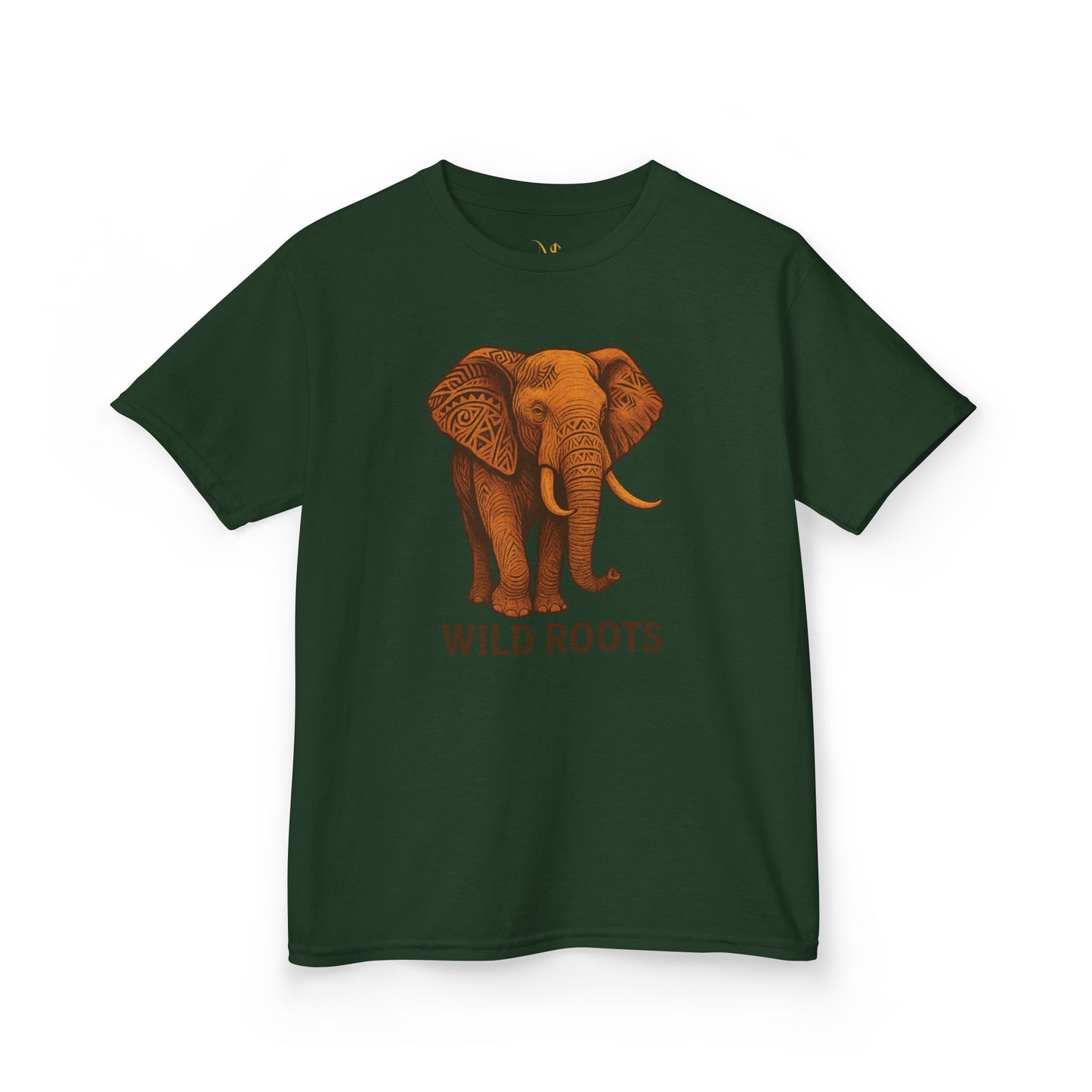 Green Mashafrica kids t shirt with orange elephant graphic and Wild Roots text short sleeve crew neck