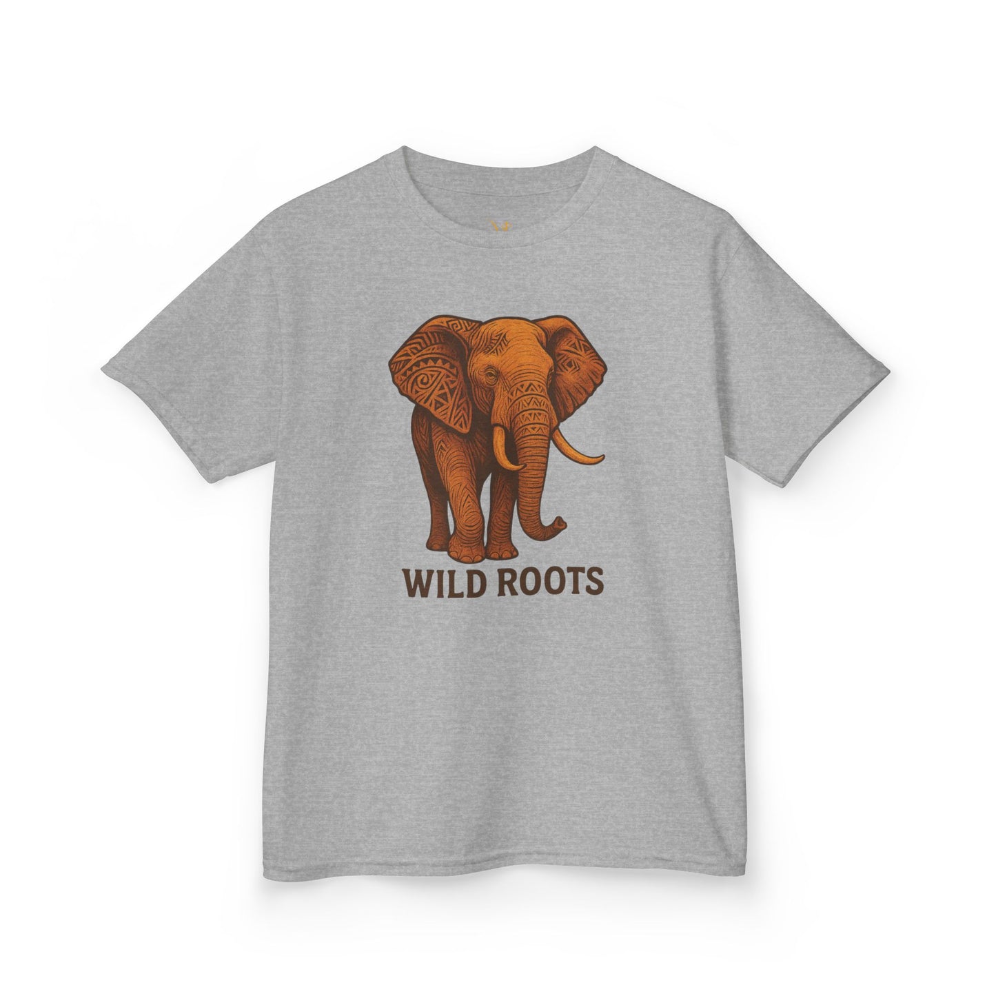 Mashafrica kids gray T shirt with brown elephant illustration and Wild Roots text front graphic