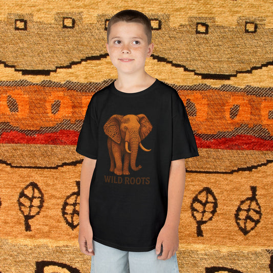 Mashafrica kids black t shirt with brown elephant graphic and Wild Roots print worn by boy model