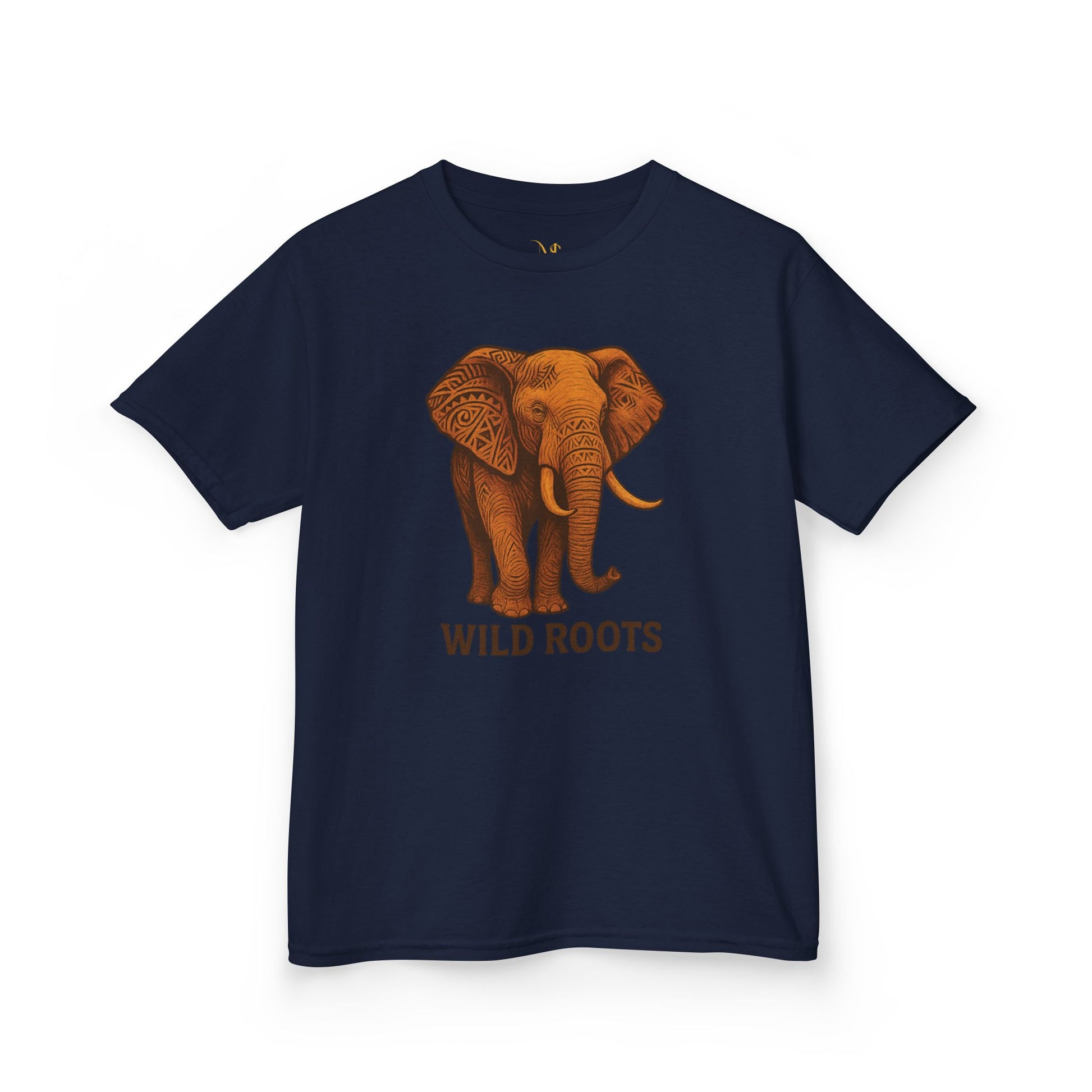 Mashafrica kids navy t shirt with orange elephant graphic and Wild Roots text casual cotton tee for children