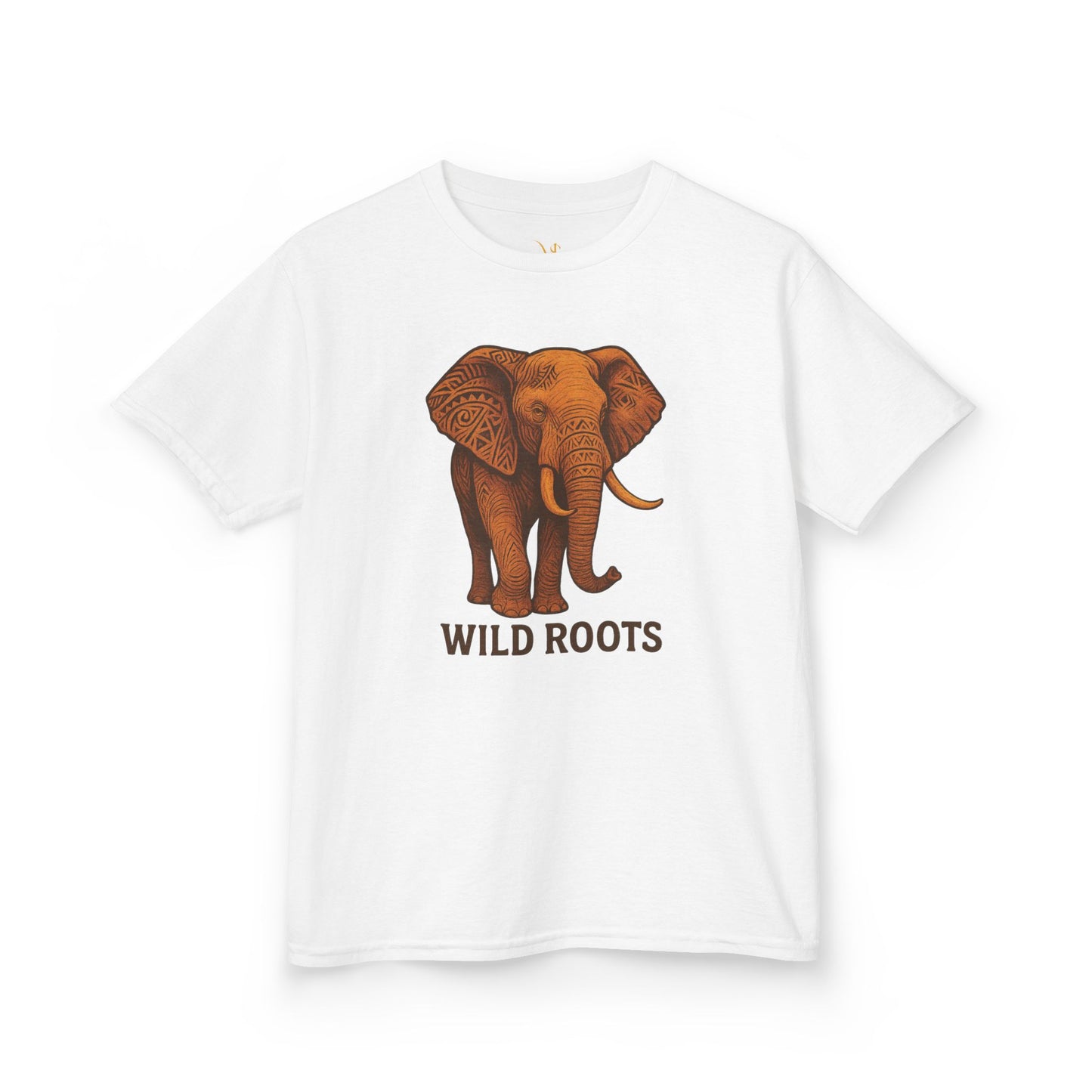 Mashafrica kids white t shirt featuring brown elephant graphic with Wild Roots text design
