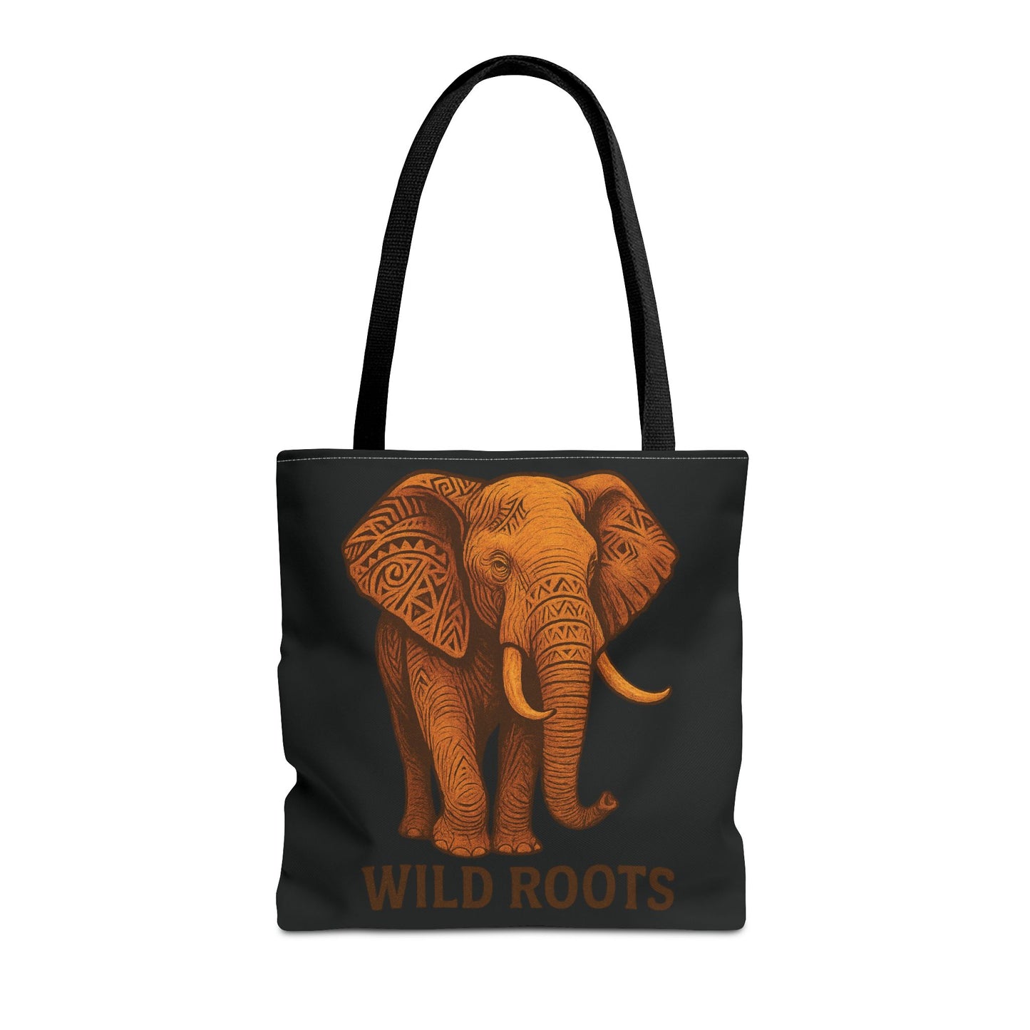 Mashafrica black tote bag with orange tribal elephant print and Wild Roots text on durable canvas with long shoulder straps