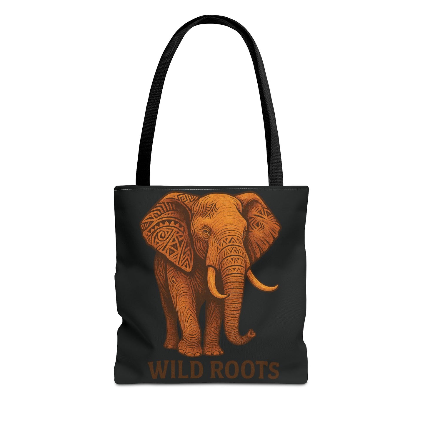 Mashafrica tote bag black with orange tribal elephant print and WILD ROOTS text long shoulder straps