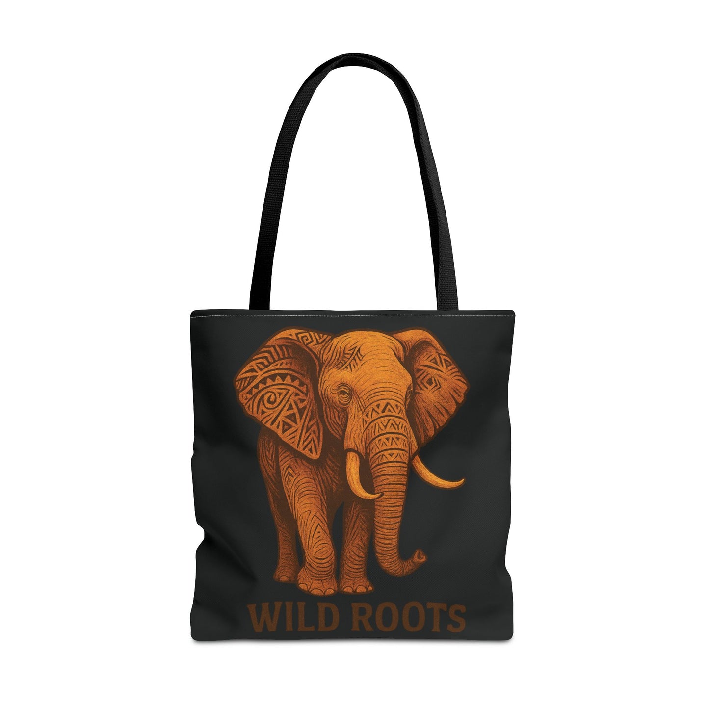 Mashafrica black tote bag with orange tribal patterned elephant graphic and Wild Roots text