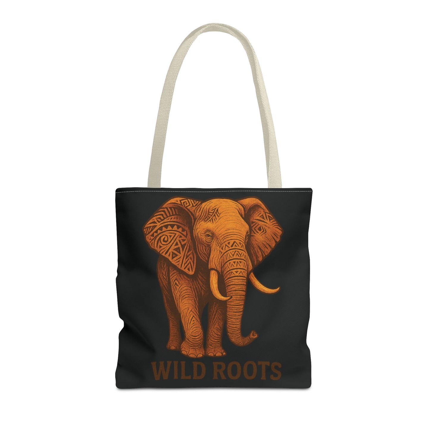 Mashafrica black canvas tote bag with beige handles featuring orange tribal elephant print and Wild Roots text
