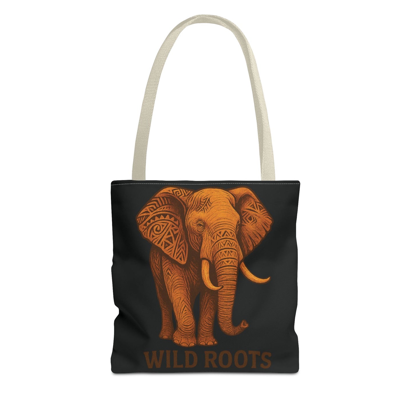 Mashafrica black tote bag with orange tribal elephant print beige handles and WILD ROOTS text