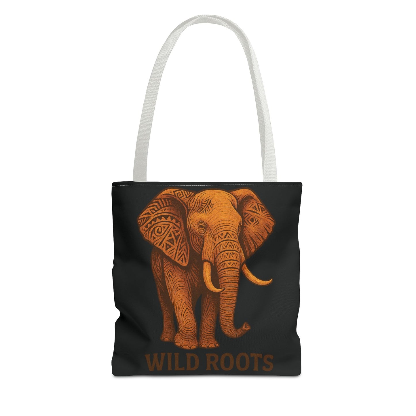 Mashafrica black tote bag with orange tribal elephant design and Wild Roots text and white handles