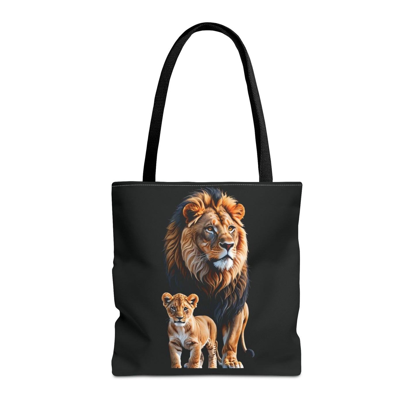 Mashafrica black tote bag featuring detailed lion and cub illustration on front for wildlife lovers