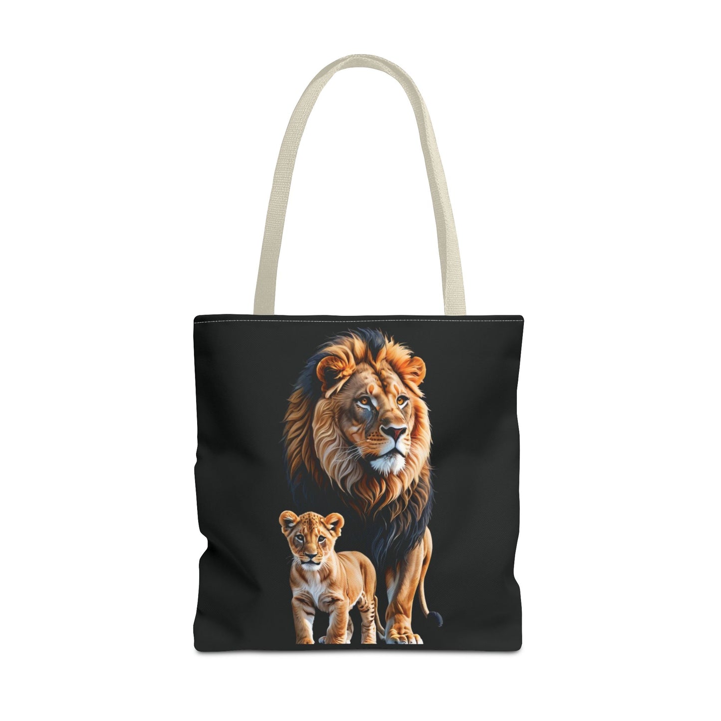Mashafrica black canvas tote bag with detailed lion and cub print, cream handles, everyday carry