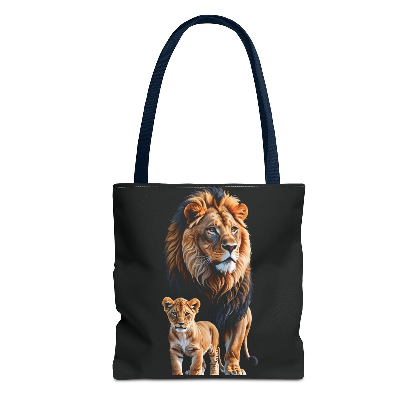 Mashafrica black tote bag with realistic lion and cub print long navy straps for everyday use