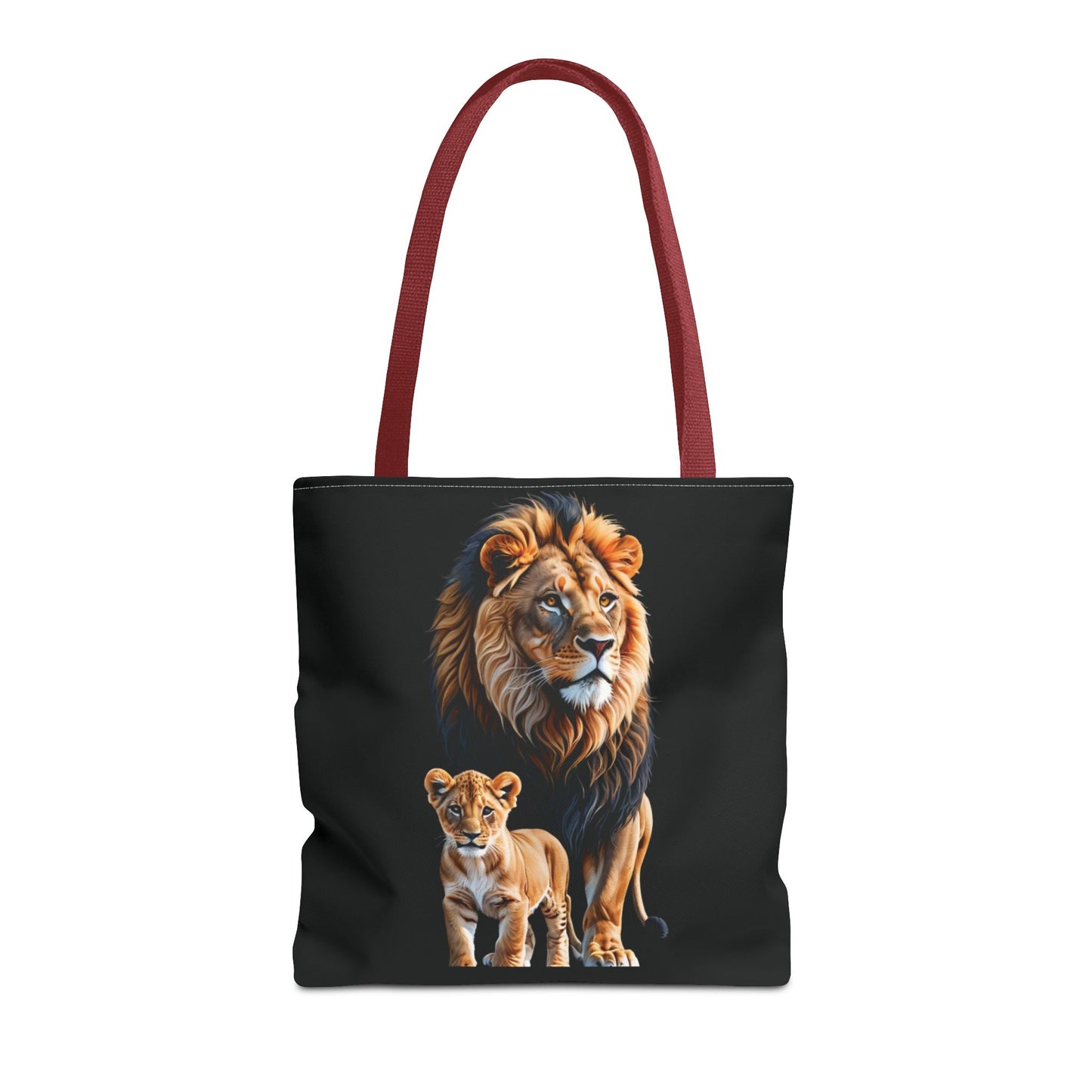 Mashafrica black canvas tote bag with lion and cub artwork and red shoulder straps for everyday use