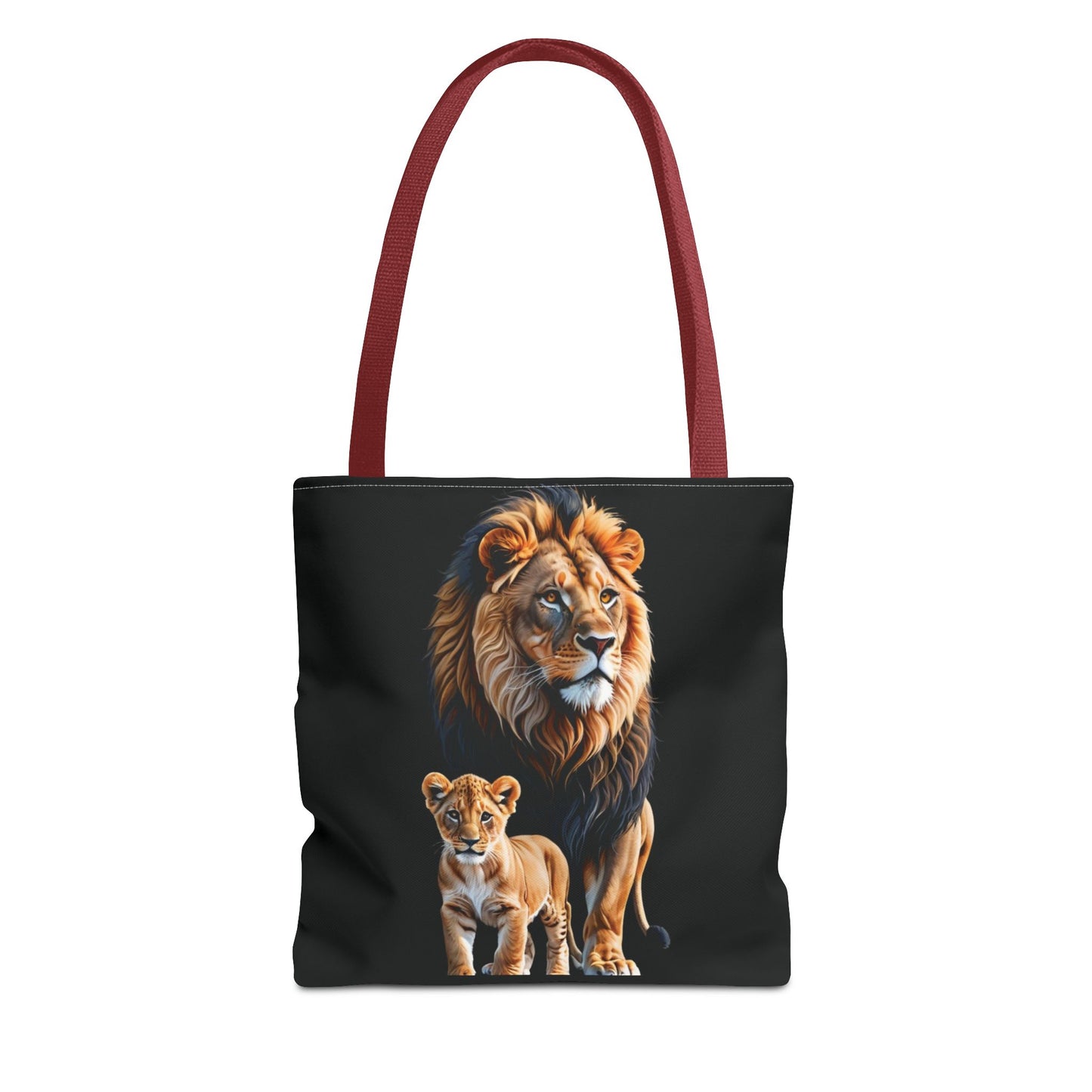 Mashafrica black tote bag with printed lion and cub design and red shoulder straps roomy canvas bag