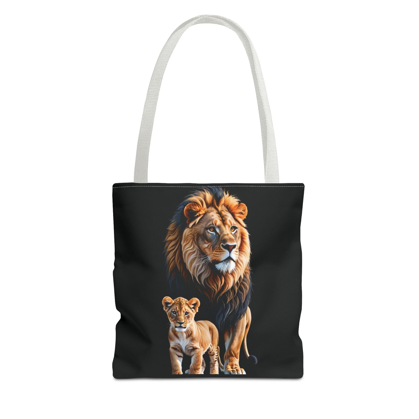 Mashafrica black tote bag with realistic lion and cub print and white handles for everyday use